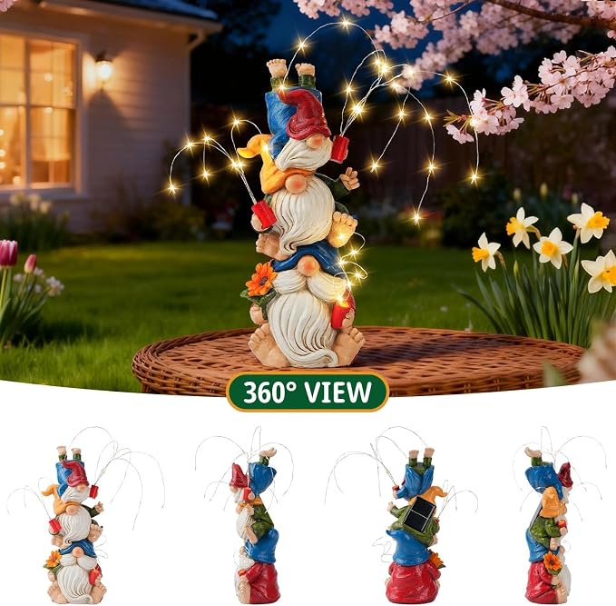 Gnomes Decorations for Yard, Triple Stacked with DIY Firework Lights, Solar Garden Gnome Outdoor Decor Statue for Patio Lawn, Mothers Day Birthday Gift for Mom Grandma (11.5in)