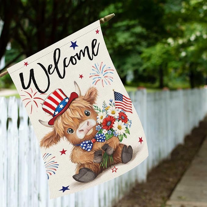 Heyfibro Welcome 4th of July Patriotic Garden Flag 28x40 Double Sided Burlap, Highland Cow with American Flag & Fireworks Yard Banner for Rustic Daisy Independence Day Outdoor Decor