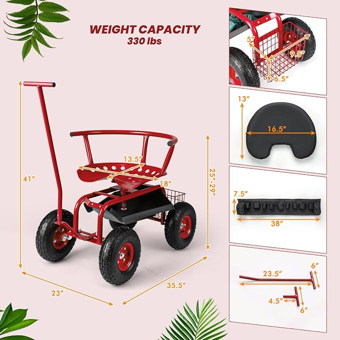 Giantex Garden Cart, Rolling Workseat with 4 Wheels, Tool Tray, Removable Cushion, Storage Basket, 2 Handles, Adjustable Height & 360 Swivel Work Seat, Gardening Stool for Patio Lawn (Red & Black)