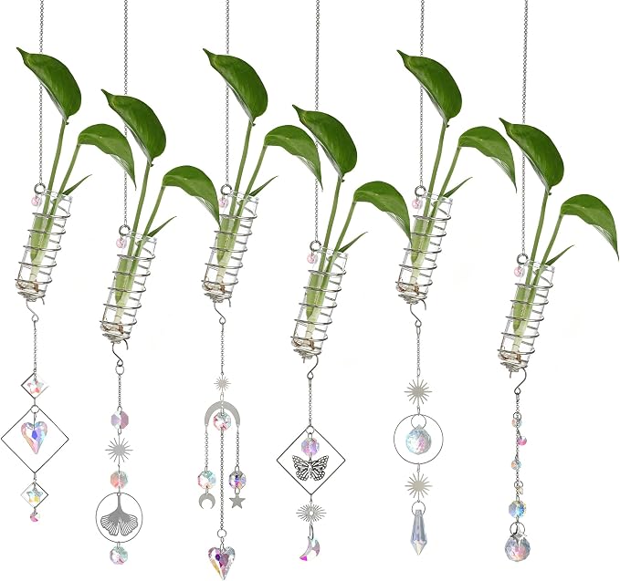 H&D HYALINE & DORA 6 Pcs Hanging Glass Propagation Stations with Crystal Suncatchers Glass Wall Planters for Indoor Plants Hydroponics Mini Test Tube Flower Vase with Metal Chain for Home Decor