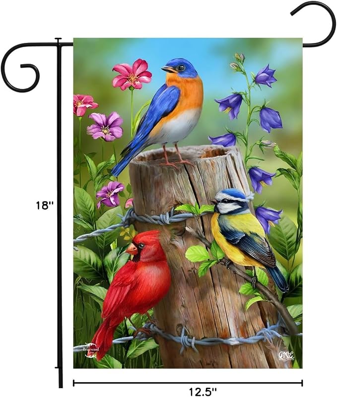 Fence Post Birds Spring Garden Flag Cardinal Bluebird 12.5" x 18" Briarwood Lane