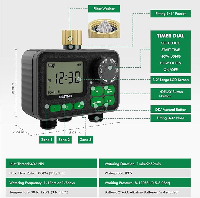 RESTMO Sprinkler Timer for Outdoor Hose Faucet 3 Zone, Up to 11h59m Programmable Watering Timer for Soaker Hose, Misting with Brass Inlet & Large Dial, Rain Delay/Manual/Automatic Irrigation System