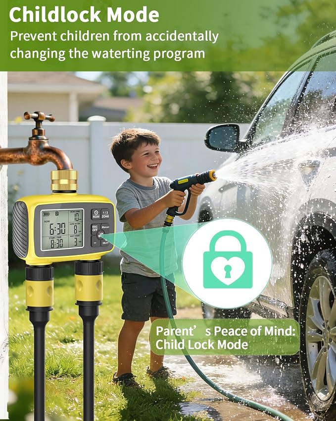 Hose Timer 2 Outlet, 2 Zone Programmable Sprinkler Timer with Rain Delay & Manual Mode, Heavy Duty Digital Timer for Garden Hose, Auto Irrigation Controller for Lawn, Yard & Drip Irrigation Outdoor