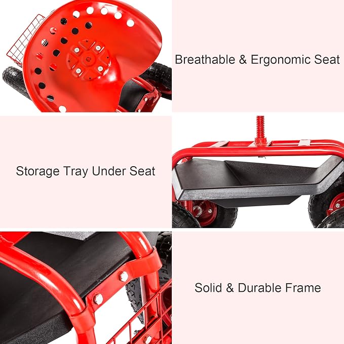 KINTNESS Garden Cart Seat Rolling Scooter Wagon with Extendable Steering Handle Swivel Seat & Utility Basket (Red)
