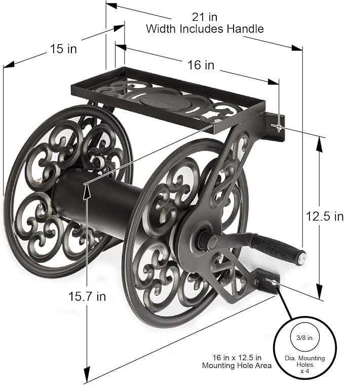 Liberty Garden 708 Steel Decorative Wall Mount Garden Hose Reel, Holds 125-Feet of 5/8-Inch Hose - Bronze