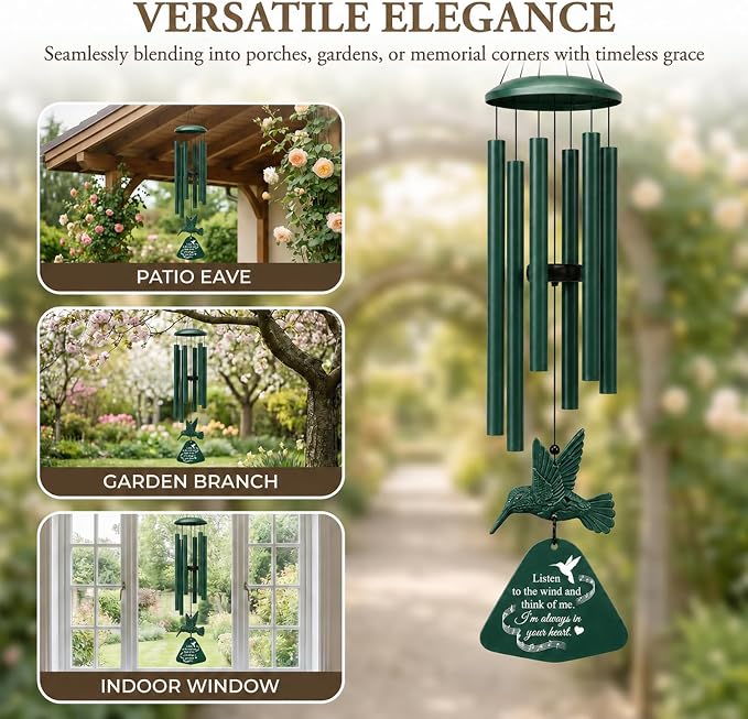 36" Memorial Wind Chimes for Outside, Sympathy Gift for Loss of Loved One, Hummingbird Wind Chime for Mom Dad, Bereavement Remembrance Funeral Condolence Gift(Forest Green)