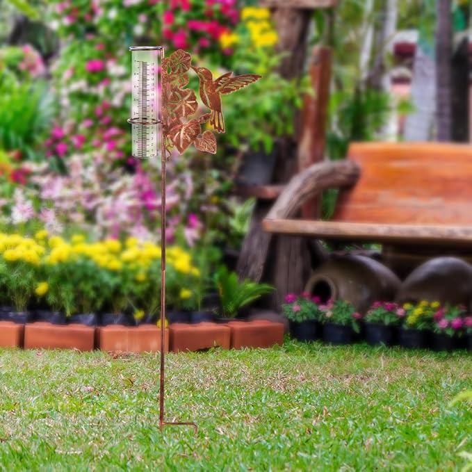 Hummingbird Rain Gauge Outdoor, Freezeproof Rain Gauge with Plastic Measuring Tube Rain Water Gauge Decor for Lawn, Yard, Garden (35'' Tall)