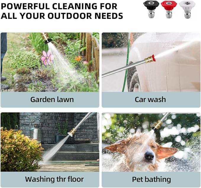 Jet Nozzle Power Washer Wand Hose Nozzle, Hydro Jet High Pressure Watering Sprayer Tool with 3 Different Nozzles, Water Hose Nozzle with Quick Connectors for Car, Gutter, Window Washing, Black