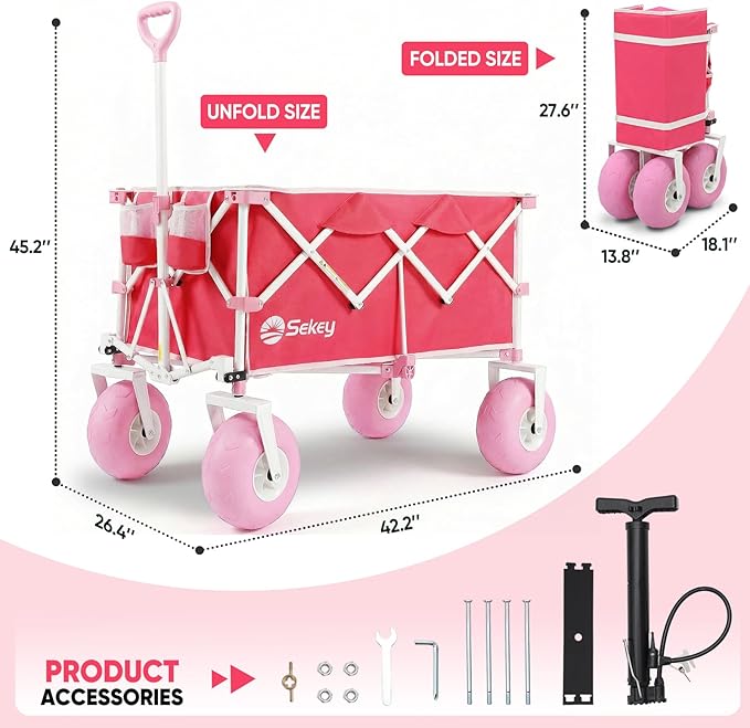Sekey Heavy Duty Beach Wagon with 9" Big Sand-Proof Wheels โ 600lb Capacity, 200L Oversized Foldable Cart | Adjustable Handle & All-Terrain Tires for Sand, Camping, Groceries