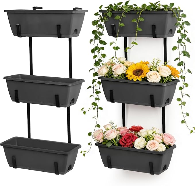 OYEAL Deck Railing Planter Boxes Set of 2 Over Fence Planters for Outdoor Plants, Hanging Window Planter Boxes with Adjustable Brackets, 6 Plastic Flower Boxes, Grey