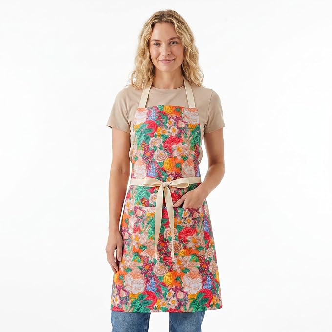 DILLMAN 2 Pack Floral Aprons with Pocket Blooming Womens Waterproof Adjustable Cooking Aprons Kitchen Gardening Salon