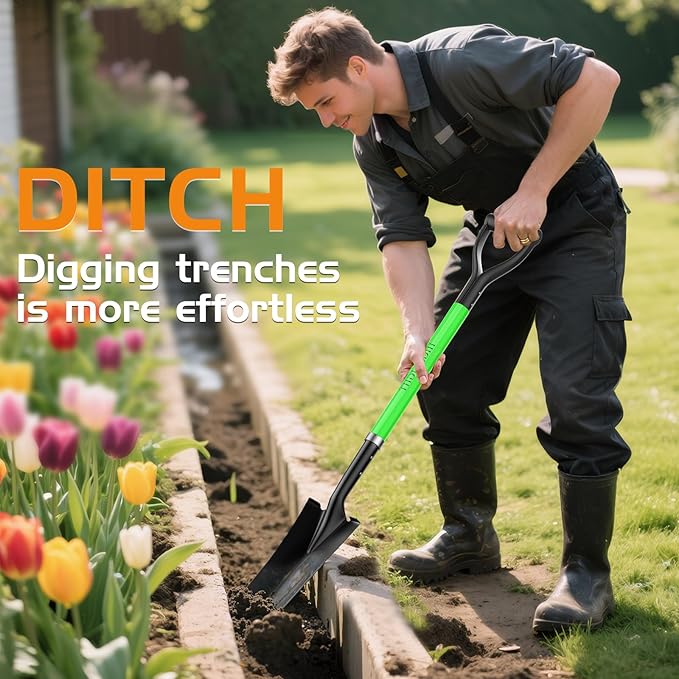 HIGHLIGHT Spade Shovel, 45-Inch Heavy Duty Sharp Shooter Shovel for Digging, Gardening, Planting, Trenching, Drain and Transplanting, Fiberglass D-Grip Handle, Green