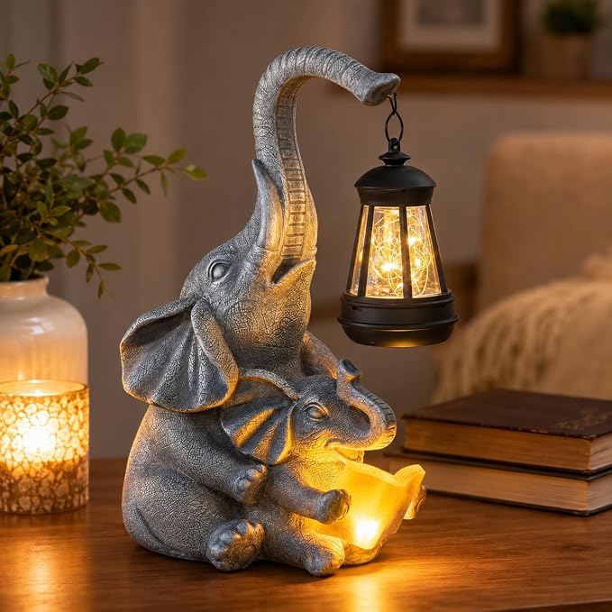 Candieslife Solar Elephant Garden Statue with Lantern, Outdoor Resin Elephant Figurine Lights for Yard Patio Porch Lawn, Weather-Resistant Garden Decor Sculpture, Gifts for Mom Women Grandma