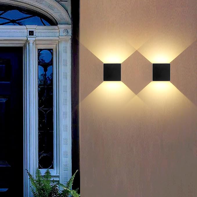 Mille Lucciole 4 Pack Outdoor Wall Lights Exterior/Interior LED Wall Sconces IP65 Waterproof Square Aluminum Wall Lamps Outdoor Lighting Fixture Up and Down Lights Modern Black 12W 3000K Warm Lights