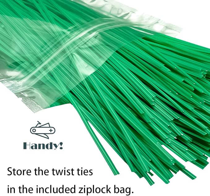 300 Pcs 6 Inch Twist Ties for Bags, Plant Ties, Breads Ties Twisty-tie, Climbing Plants Ties, Bags Cables Cords Ties, Heavy Duty, Soft Green PE, w. Reusable Mylar Ziplock Bag