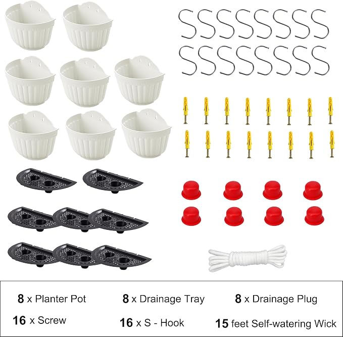 8 Pack Resin Wall Hanging Planter Pots Vertical Garden Living Wall Mount Window Hang Indoor Outdoor Plant Flower Basket for Kitchen Herbs Balcony Railing Shelf Fence Bedroom Trellis Decor Modern White