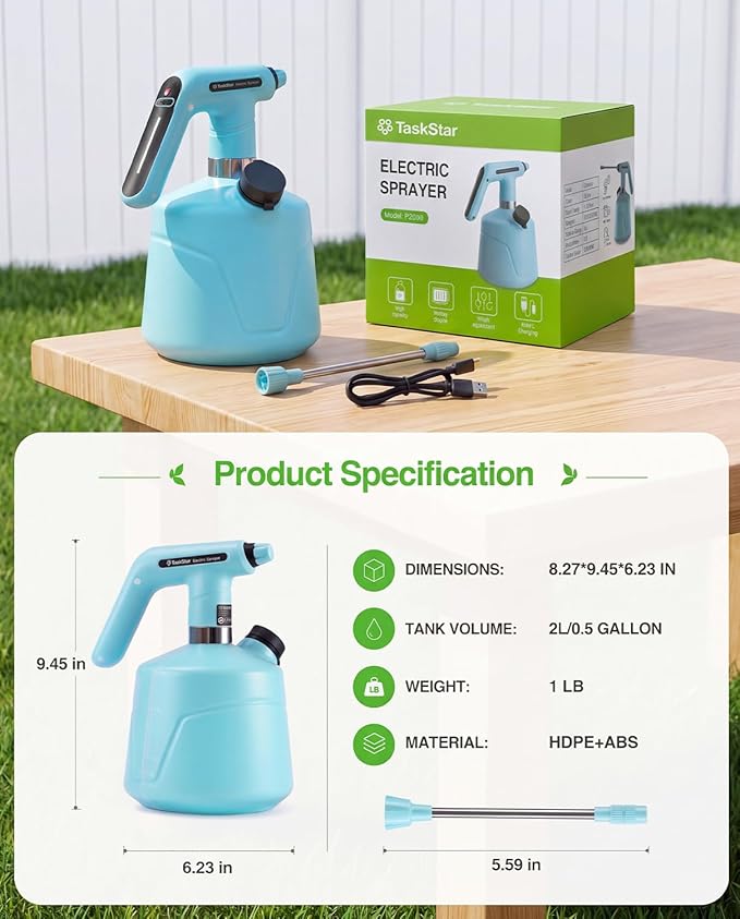 TaskStar Electric Spray Bottle 2L/0.5 Gallon, Battery Powered Garden Sprayer, Rechargeable and Automatic Mister Spray Bottle for Plants with Independent Water Inlet, Outdoor and Indoor Plants Sprayer
