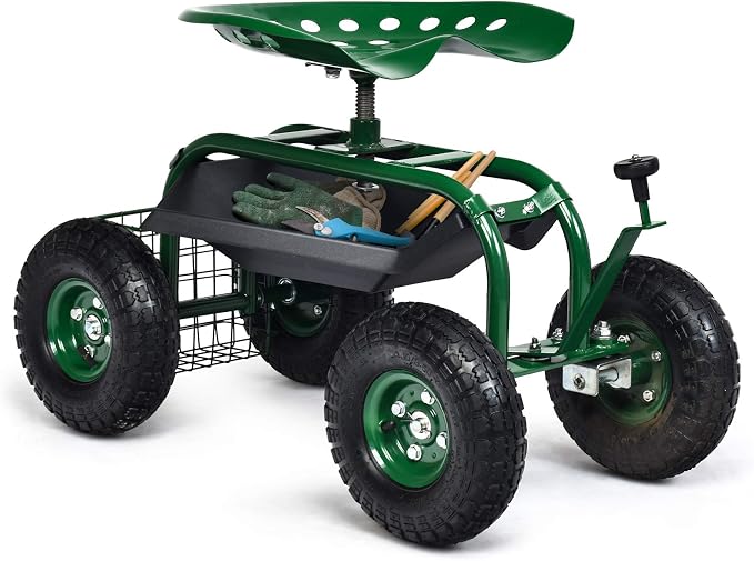 Giantex Garden Cart with Seat, Rolling Garden Seat with Wheels, Tools Basket, 360 Swivel Gardening Workseat, Adjustable Height, Wagon Scooter for Patio Lawn Yard, Outdoor Steerable Stool (Green)