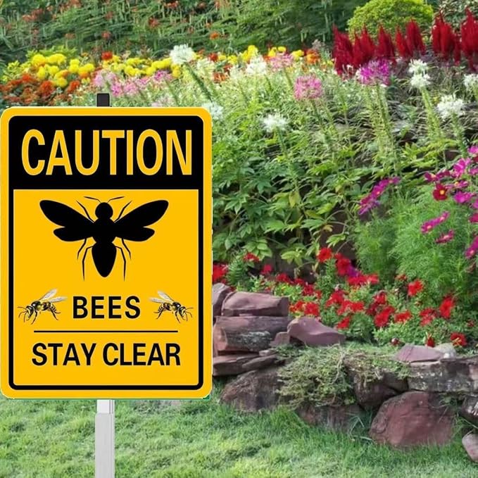 caution bees stay clear Yard Sign with Stakes(8 * 12in),Sturdy Aluminum Signs Rust Free,Honey Bee Decorations Hive Rules Signs,bee habitat signs
