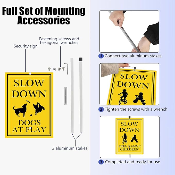Slow Down Dogs at Play Yard Sign with Stake Dog Pets Crossing Safety Signs Rustproof Reflective Aluminum Caution Drive Slowly Watch for Dogs Sign for Street Neighborhoods