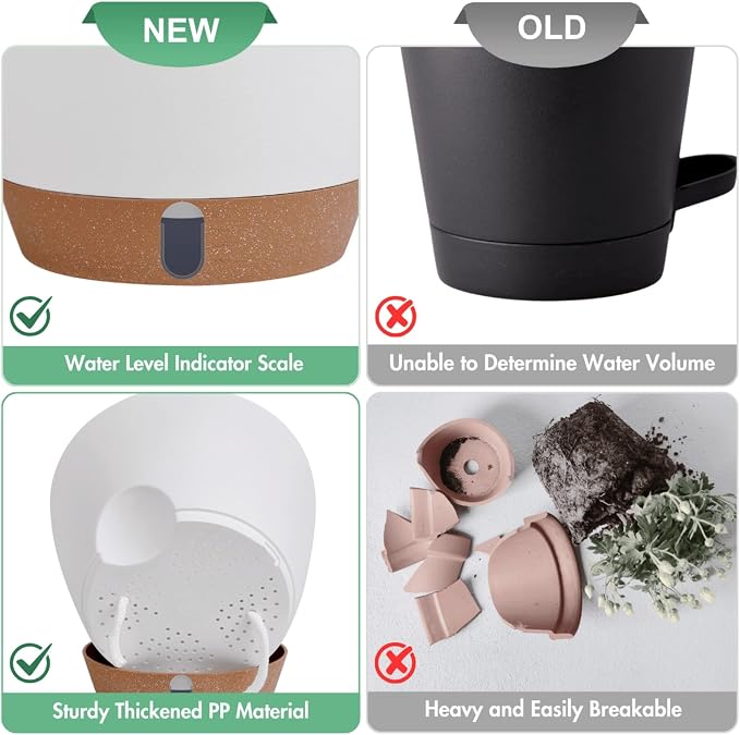 5-Pack Self Watering Flower Pots for Indoor Plants, 10/9/8/7/6.5Inch PP Plastic Plant Pots Indoor with Drainage & Water Level Indicator, Indoor Planters with Drainage, Self Watering Planters, White