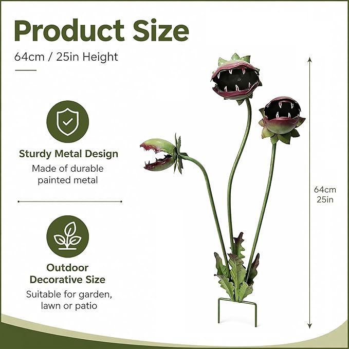Funny Metal Carnivorous Plant Garden Stake, 25" Large Venus Flytrap Sculpture, Whimsical Outdoor Yard Art for Lawn Patio Planters, Unique Weather-Resistant Garden Decor Gift (64cm(25in))