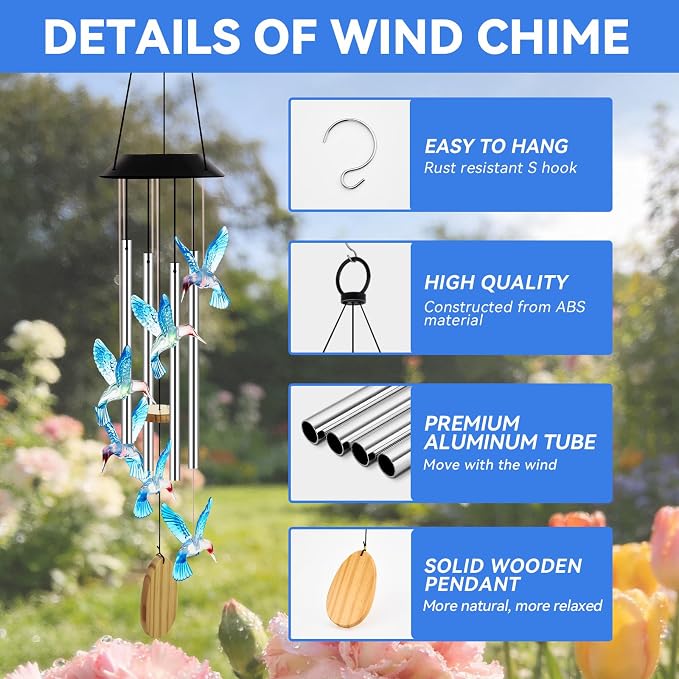 Wind Chimes for Outside, Solar Lights Outdoor Waterproof, Color Changing Hummingbird Light for Yard, Outdoor, Patio, Garden Decor, Wind Mobiles Gardening Gifts for Women, Mom, Wife, Blue Hummingbird