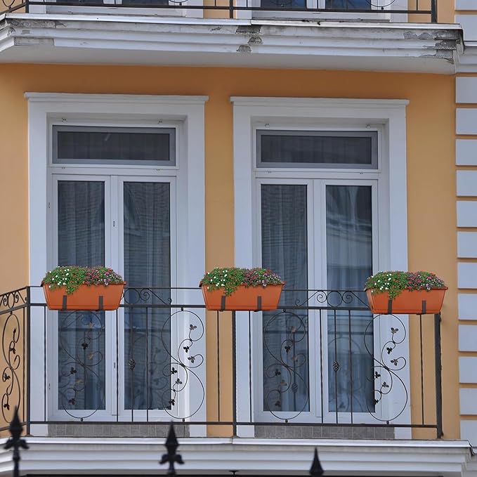 Railing Planter Boxes for Plants, 2 Pack Deck Hanging Planters for Railings, Over Railing Planter Box, 16.9 Inch Balcony Planters Railing Hanging with Metal Brackets, Red
