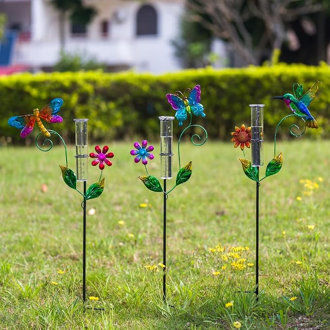 Rain Gauge Outdoor, 3 Pcs Hummingbird & Dragonfly & Butterfly Rain Gauges with 6" Plastic Tube, Metal Decorative Garden Stakes for Yard Patio Lawn Decor