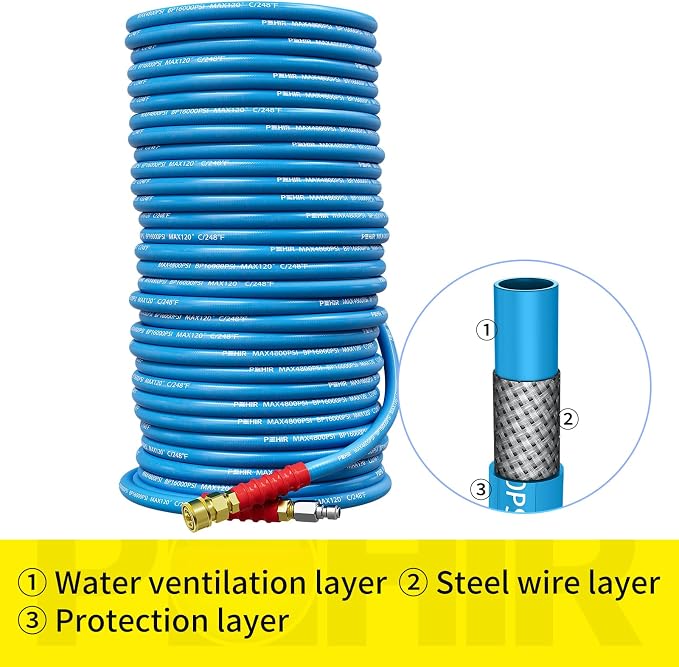 POHIR 150ft Pressure Washer Hose 3/8" 4800 PSI, Kink Resistant Industrial Grade Hose with Quick Connect Ends and Adapters for Hot & Cold Water up to 248°F, Steel Wire Braided Hose for Power Washing