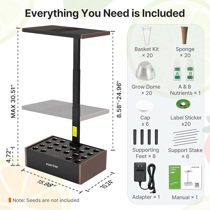 SUNCOZE Hydroponics Growing System Kit, 20 Pods Indoor Herb Garden with 10L Large Tank & Adjustable Height 25", 30W LED Grow Light, LCD Display with Pump & Low Water Reminder, Black&Brown