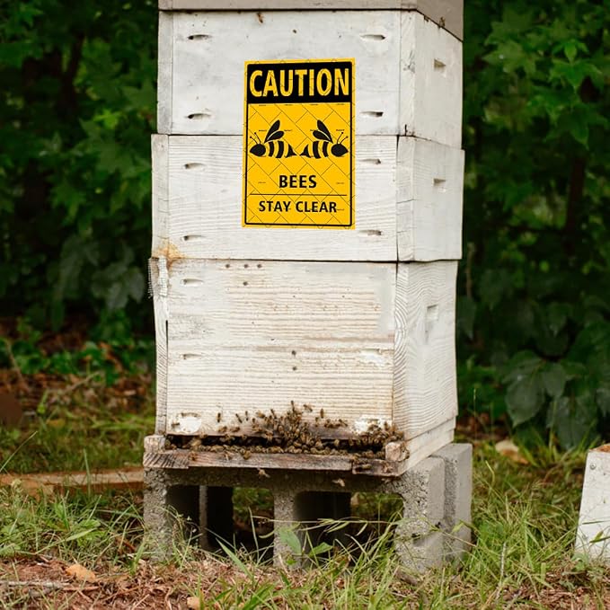 EMOHAT Caution Bees Stay Clear Metal Tin Sign, Aluminum Warning Sign, 8x12 Inch Bee Wall Decor for Garden & Yard, Rustic Farmhouse Outdoor Indoor Decor