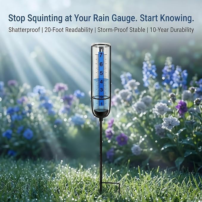 Rain Gauge Outdoor Plastic Garden: High-Contrast Blue Scale Read 20Ft, Shatterproof -30°F, Stable Stake Won't Tip, Easy Install for Lawn Yard Patio