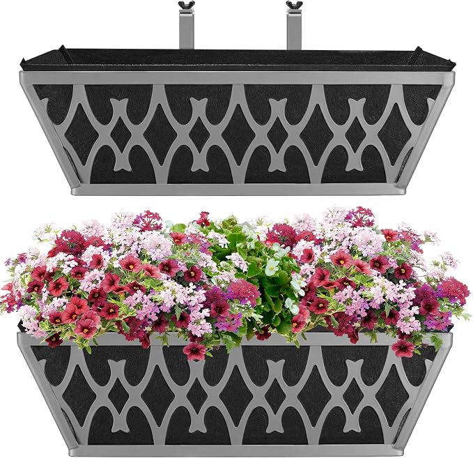 2 Pack 16 Inch Window Boxes Planters Railing Planter Box with Adjustable Brackets & Non-Woven Fabric Plant Grow Bags Deck Railing Planter Boxes Balcony Hanging Flower Box for Outdoor Plants