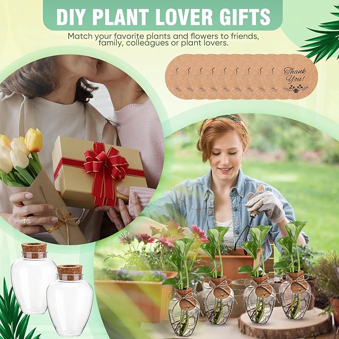 Baderke 24 Pack Big 10oz Plastic Plant Propagation Stations with Hole Lid Planter Vase Clear Propagation Jars with Thank You Tags for Plant Lover Gifts for Women Office Home Garden