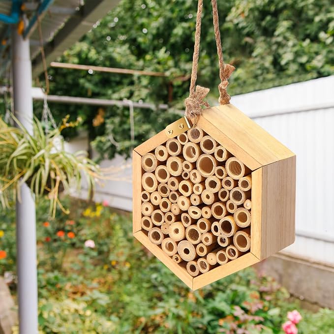 Leinuosen Mason Bee House Crafts for The Garden Handmade Natural Wooden Bees Hive with Dly Painting Kits Bees Hotel Bamboo Tubes for Bee Festival Pollinators Enhance Your Garden's Product
