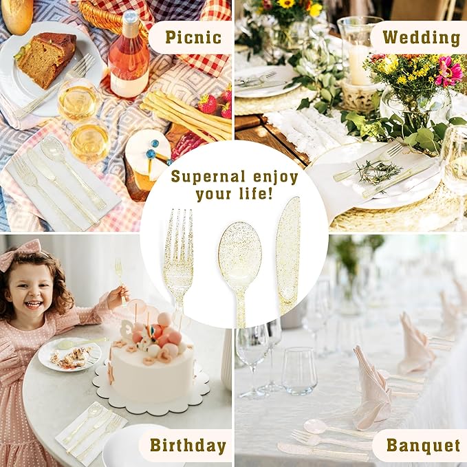 50 Pcs Gold Glitter Plastic Forks Gold Plastic Silverware Heavy Duty Cutlery Set Disposable Flatware Dinnerware for Brithday, Wedding, Baby Shower, Family Gathering