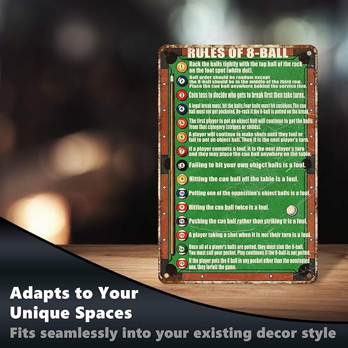 Vintage Pool Table Rules Tin Sign Retro Billiards Wall Decor for Game Room Man Cave Bar Pub Basement Funny Pool Hall Metal Poster Nostalgic Hanging Plaque 12 * 8In
