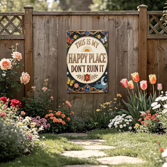 Funny Garden Signs, This is My Happy Place 2D Flat Vintage Garden Decor, Outdoor Wall Decor for Patio Yard Greenhouse Home, Waterproof Garden Gifts 8x12 Inch
