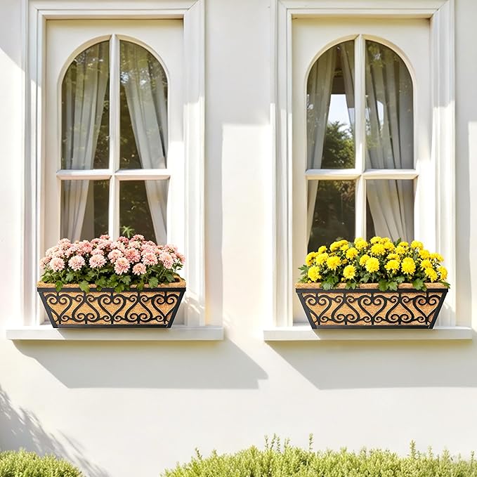 2 Pack 16 Inch Deck Railing Planter Box - Window Boxes Planters with Adjustable Brackets Coco Liners Balcony Planters Railing Hanging for Wind
