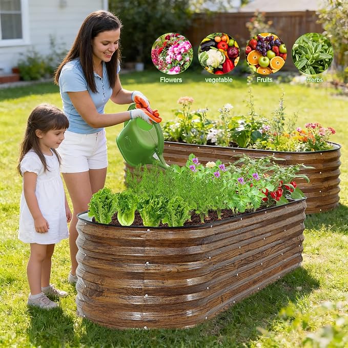 Galvanized Raised Garden Bed Outdoor- 2PCS 6x2x1.4ft Oval Steel Raised Beds for Gardening, Metal Planter Box with Protective Strip and Gloves for Vegetables, Flowers, Fruits(Brown)