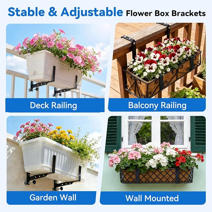 Halatool Window Box Brackets, 2 Pack Adjustable Flower Planter Box Brackets, Heavy Duty No Drill Window Box Brackets with 66 lb Capacity for Outdoor Railings, Balcony, Porch, Fence, and Garden
