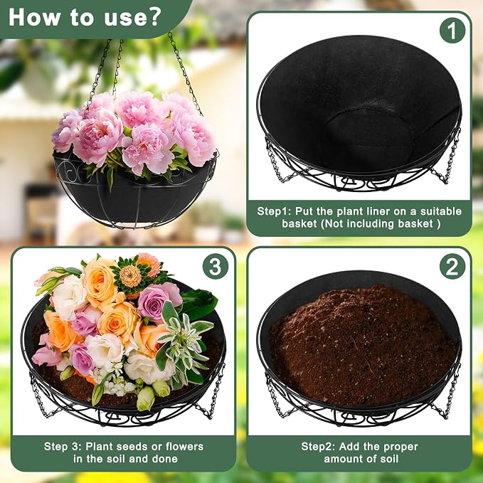 Non-Woven Fabric Plant Grow Bags Replacement Coco Liner Window Basket,Trough Shaped Wall and Deck Mount Planters,Round Hanging Basket (2Pack, 12IN)
