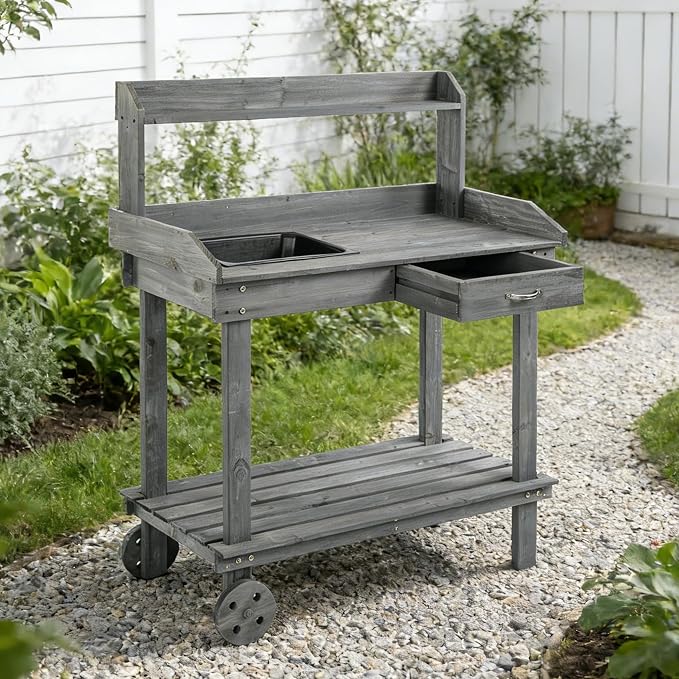 Potting Bench with Sink 36'' Garden Work Bench Mobile Planting Table with Wheels Drawer and 3-Tier Shelves for Patio Backyard Greenhouse Gray