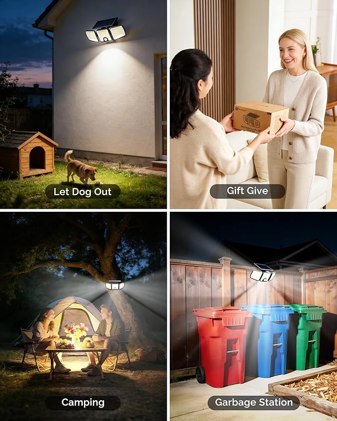 Brightown 1 Pack Solar Outdoor Lights, 2500LM 223 LED Solar Flood Outdoor Lights with Motion Sensor 3 Modes, 3 Head 270° Wide Angle Street Area IP65 Waterproof Security Wall Lights with Remote