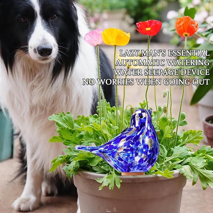 Plant Watering Globes, Bird Glass Self Watering Planter Insert - Glass Plant Water Globes for Daily Use, Planter Spikes to Support Indoor & Outdoor Plant Health, Dark Blue
