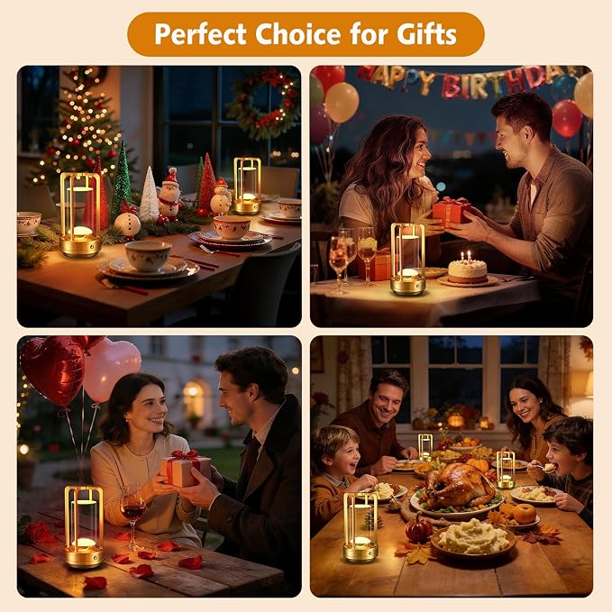 Portable Table Lamp for Outdoor Indoor: Cordless Rechargeable Desk Lamp with 3 Color Stepless Dimmable - Metal Battery Operated Lantern Light for Bedroom/Bar/Coffee Shop/Camping (Gold (2 Pack))