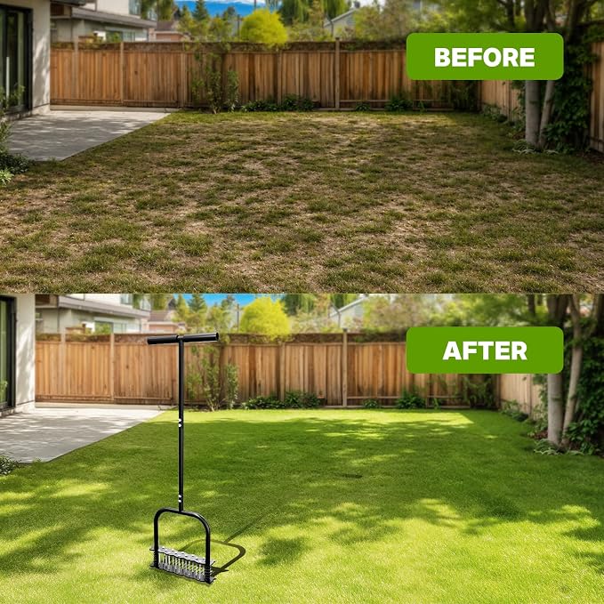 Manual Aerator Lawn Tool, Heavy Duty 35" Lawn Aerator Tool with T-Handle, 14 Spikes Automatic Rebound Aerating Tool, Anti-Clog Aerators Detachable Soil Aeration for Garden Lawn, Yard, Patio and Grass