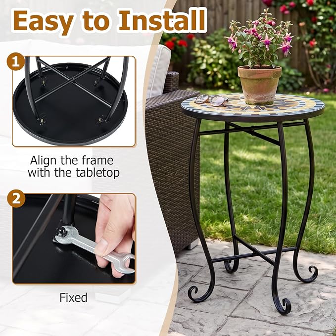 Giantex Outdoor Side Table, Bright Sunflower Mosaic Patio Accent Table, 14" Coffee End Table, Indoor Outdoor Metal Plant Stand for Porch Garden Balcony Desk