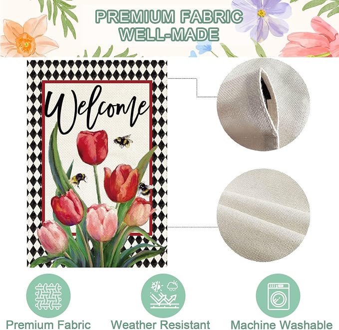 Baccessor Spring Easter Tulip Welcome House Flag 28 x 40 Inch Double Sided Burlap Spring Flowers Floral Buffalo Plaid Large Yard Flag Summer Holiday Seasonal Outdoor Outside Decoration